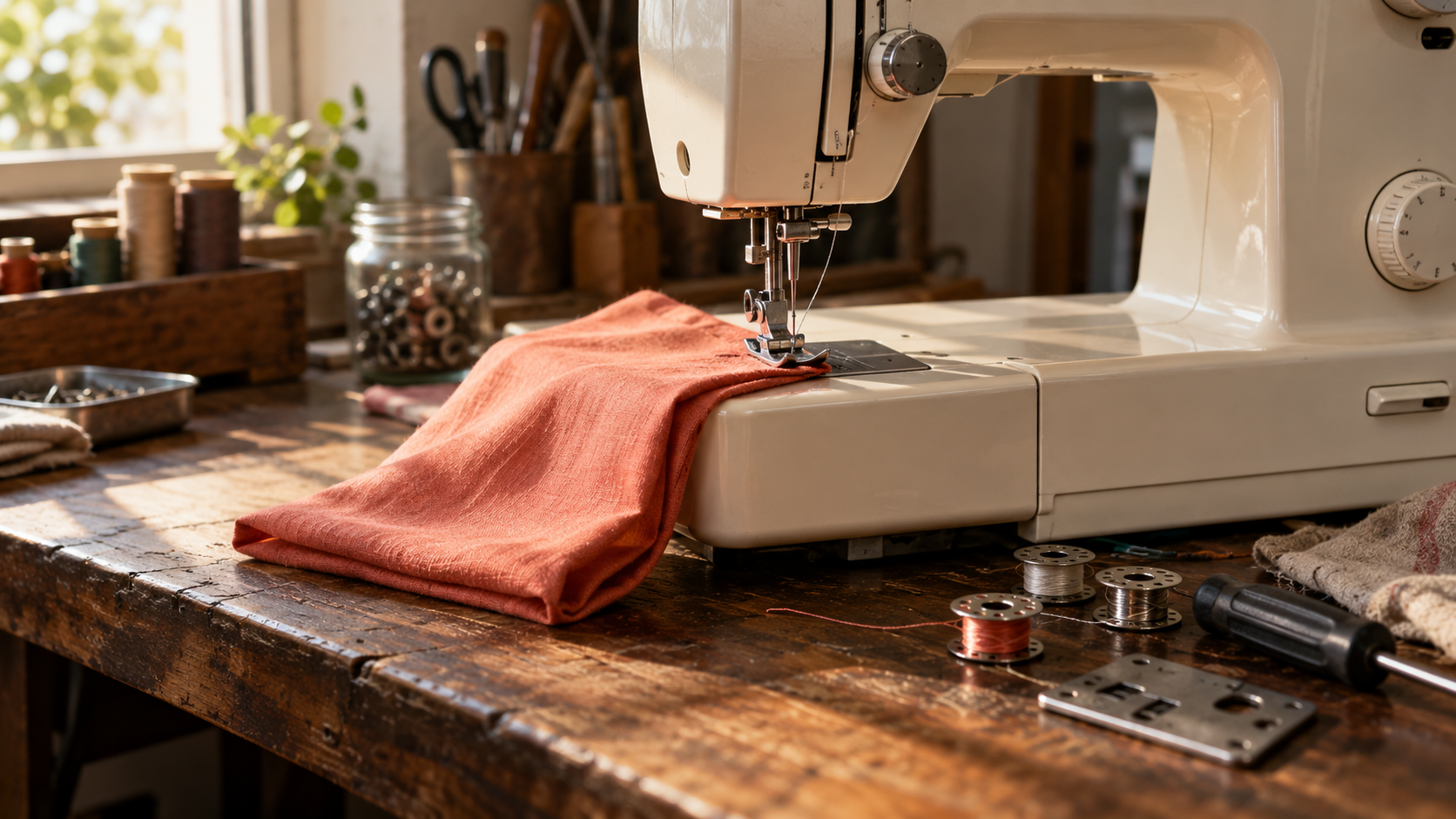 Illustrative sewing machine and coral fabric on a workbench
